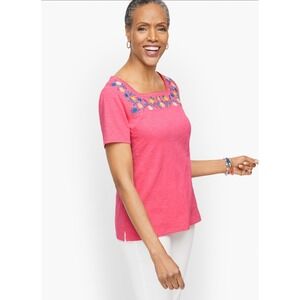 Talbots Plus Pink Cotton Embroidered Floral Square Neck Short Sleeve Tee Size 2X
